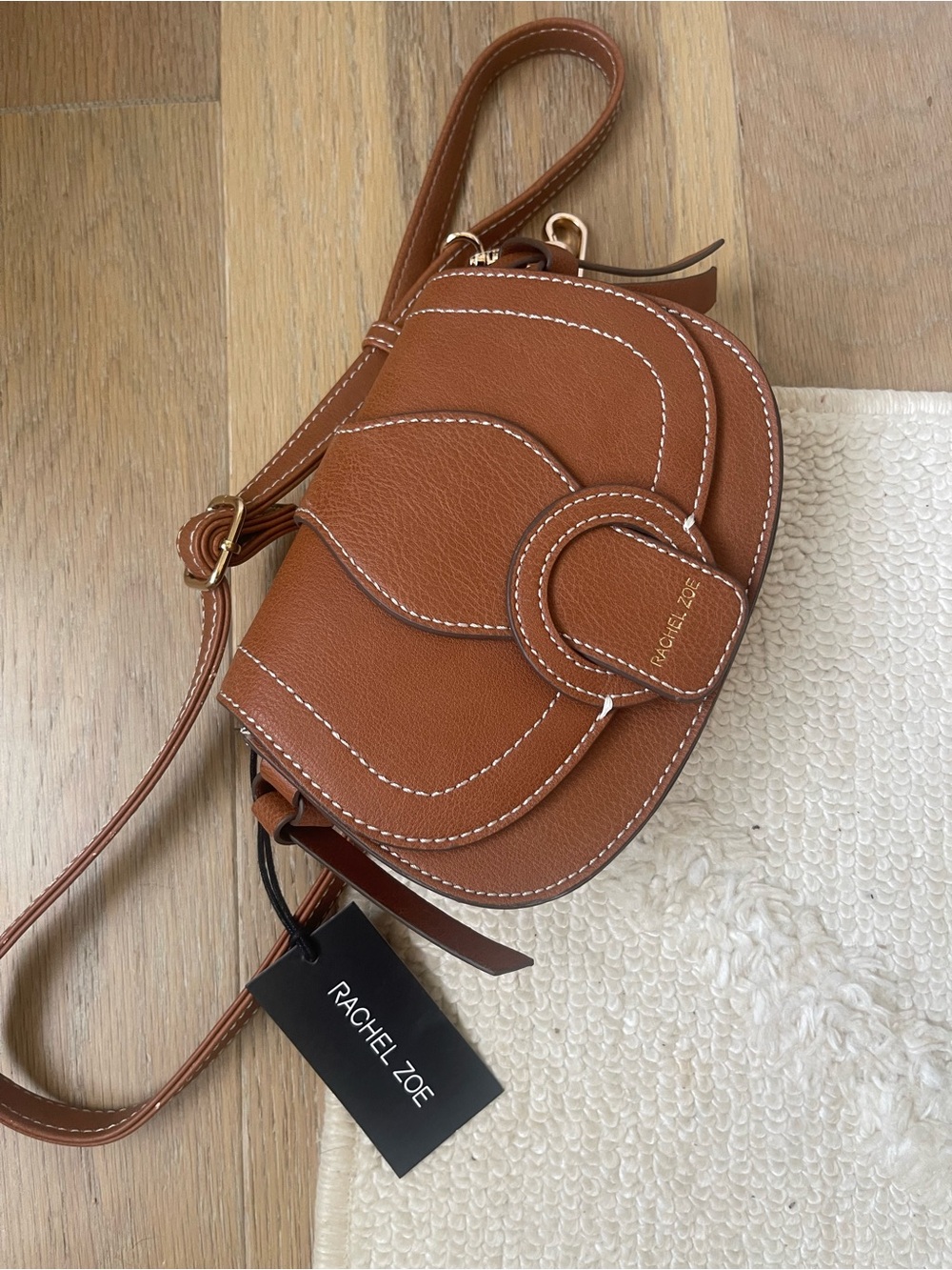 Rachel Zoe Saddle Crossbody/Belt Bag in Brown with White Stitching
